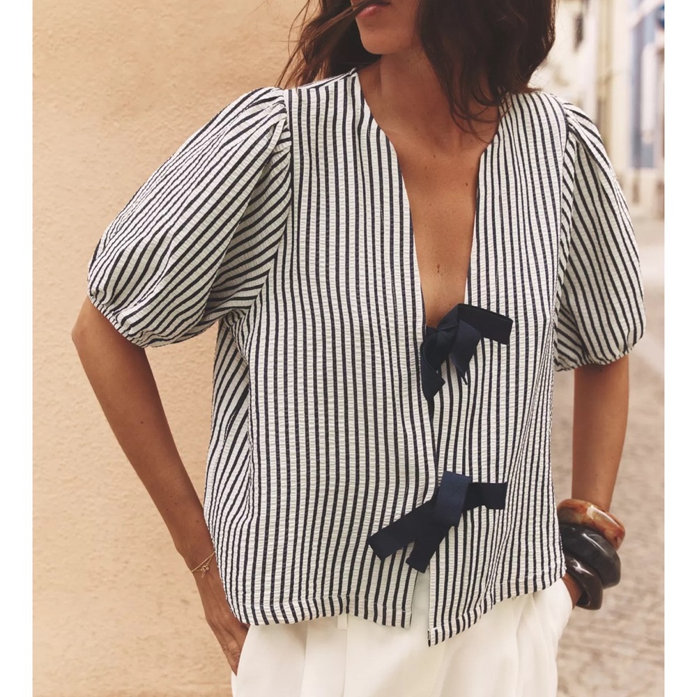 Zara Navy and Ecru Striped Blouse with Bow Details